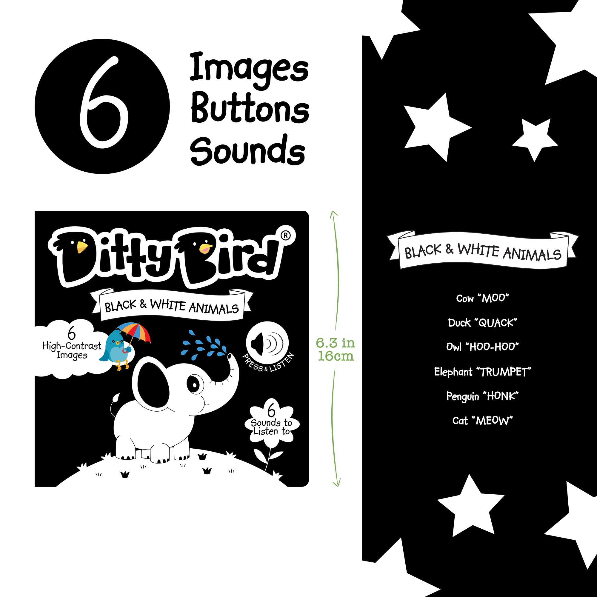 Carte pentru copii, Ditty Bird, Black and White Animals, 6+ luni