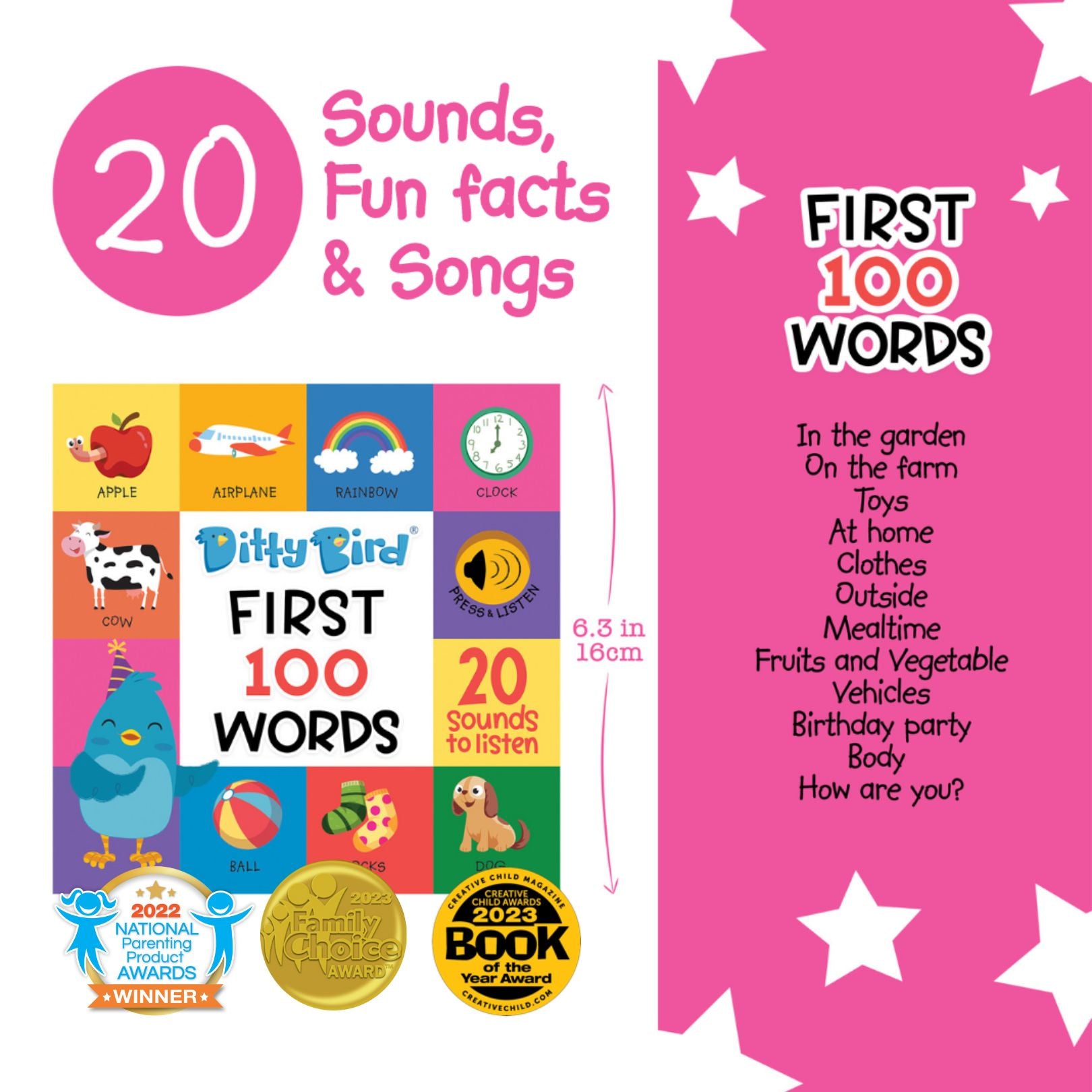 Carte pentru copii, Ditty Bird, First 100 Words , 6+ luni