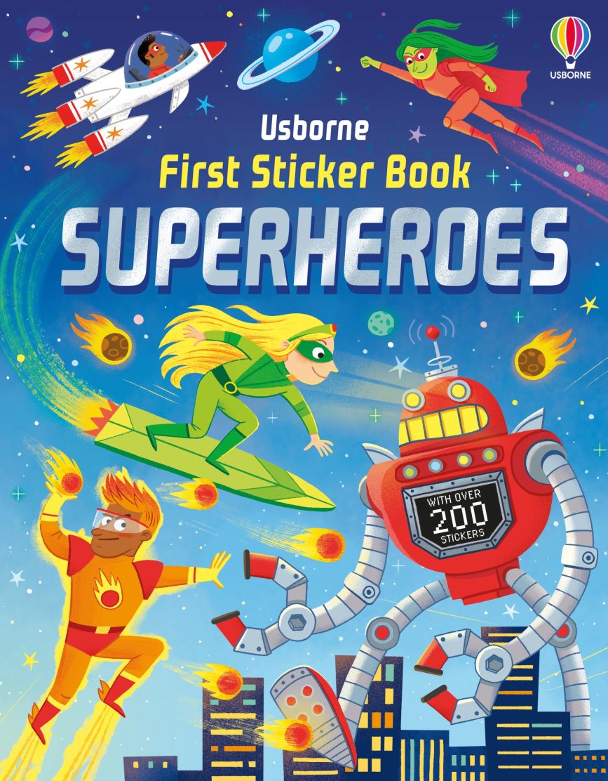 Carte pentru copii, Usborne, First Sticker Book Superheroes, 3+ ani