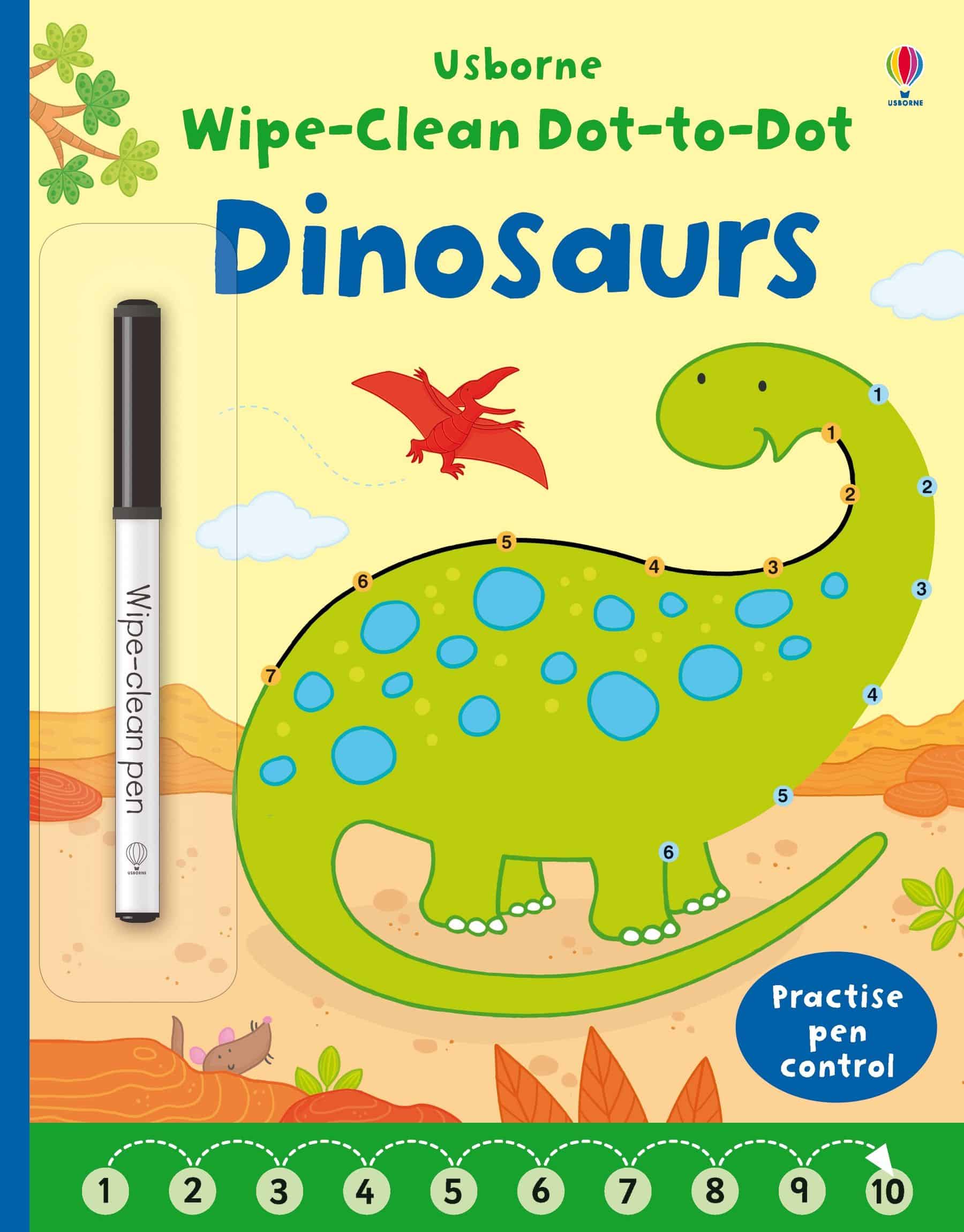 Carte pentru copii, Usborne, Wipe-clean Dot-to-dot Dinosaurs, 3+ ani