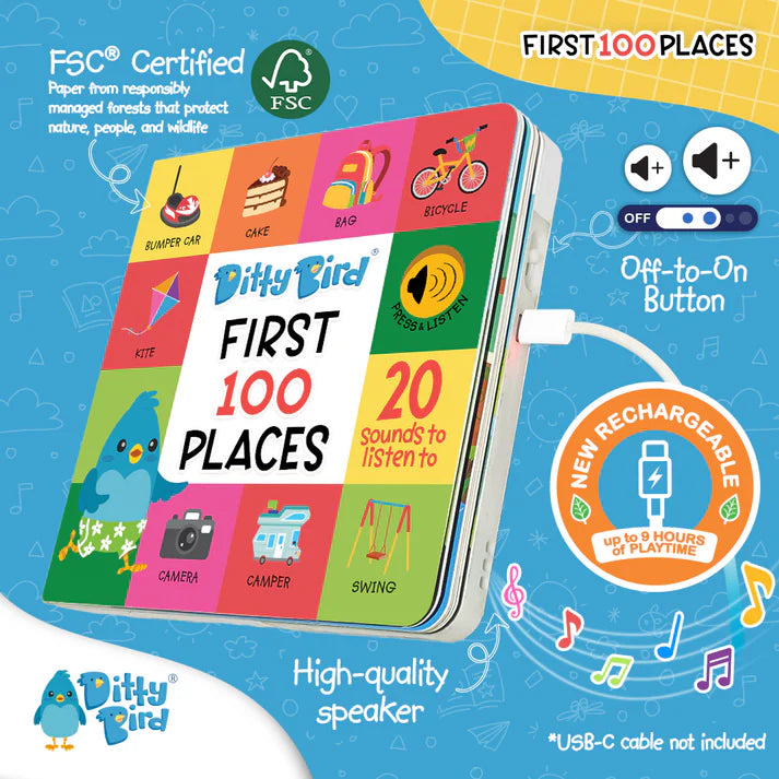 Carte cu sunete First 100 Places, Ditty Bird, +6 luni