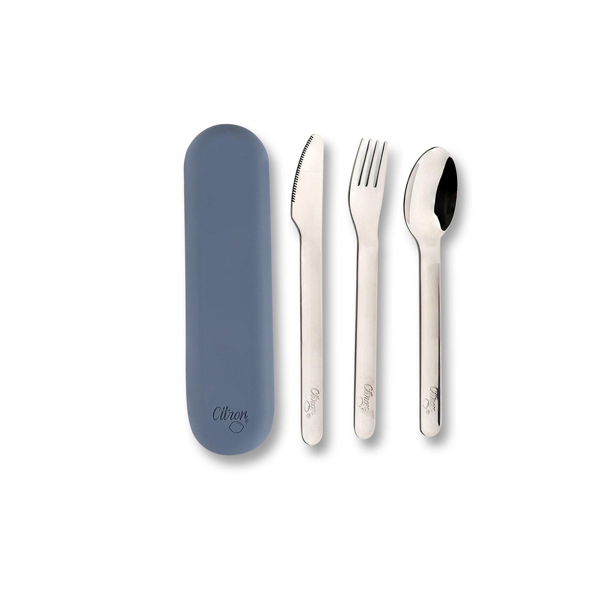 Set de Tacâmuri din Inox cu Husă din Silicon Albastru Inchis – Reutilizabile, pentru Adulți și Copii