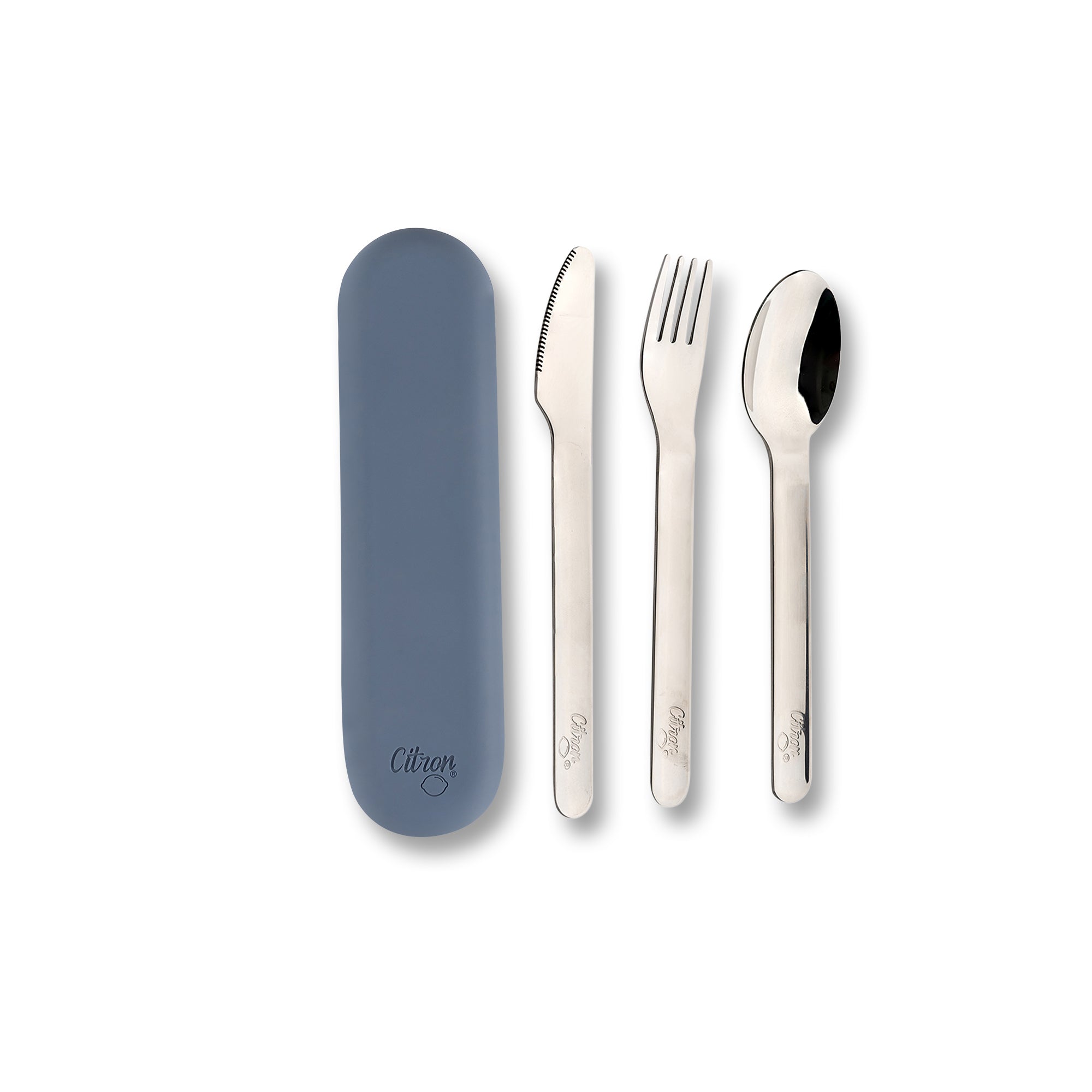 Set de Tacâmuri din Inox cu Husă din Silicon Albastru Inchis – Reutilizabile, pentru Adulți și Copii