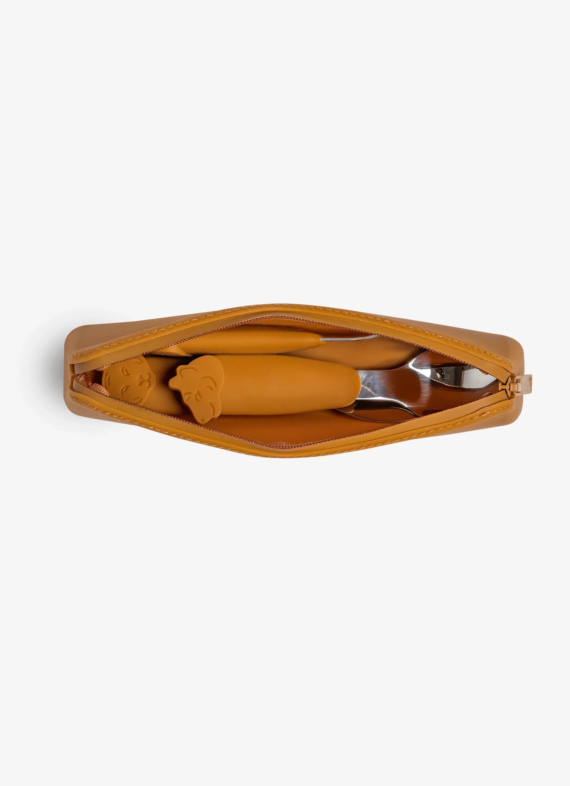 Set tacamuri din otel cu geanta portabila din silicon, caramel, model Tigru