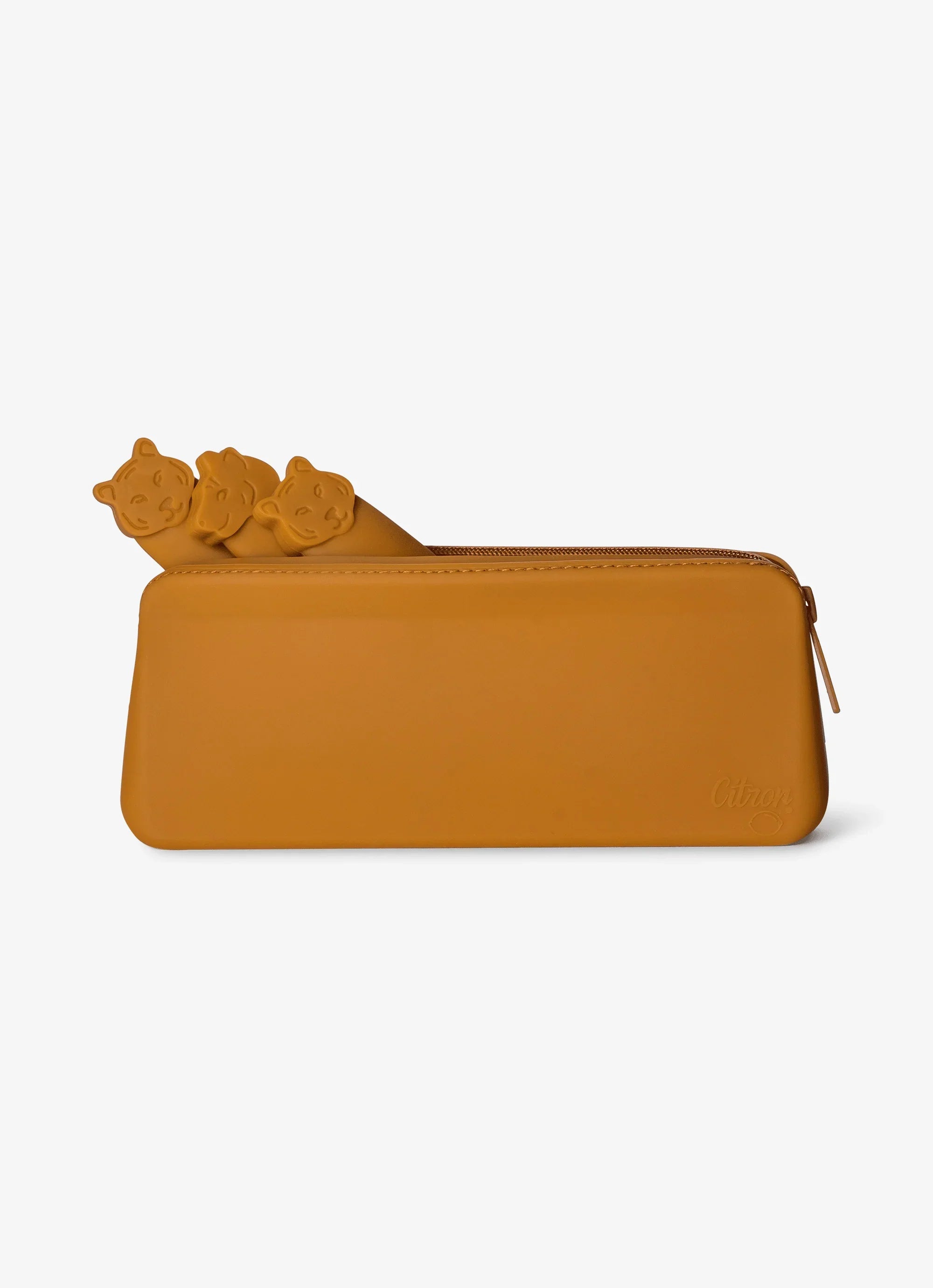 Set tacamuri din otel cu geanta portabila din silicon, caramel, model Tigru
