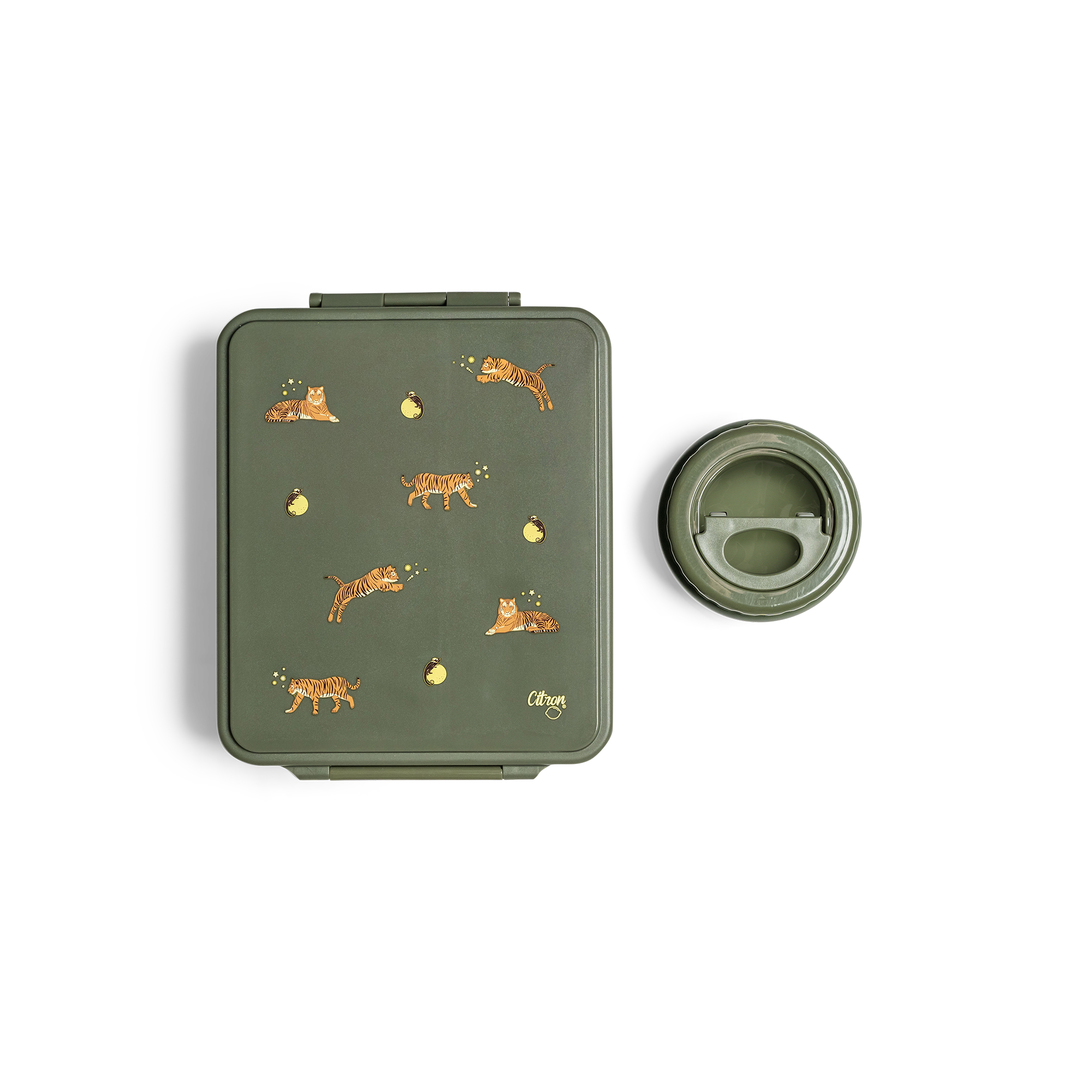 Set Citron Tigru: Caserolă Prânz Mare cu 4 Compartimente + Termos Inox, Sticlă Termos 500ml și Set Tacâmuri cu Etui Silicon
