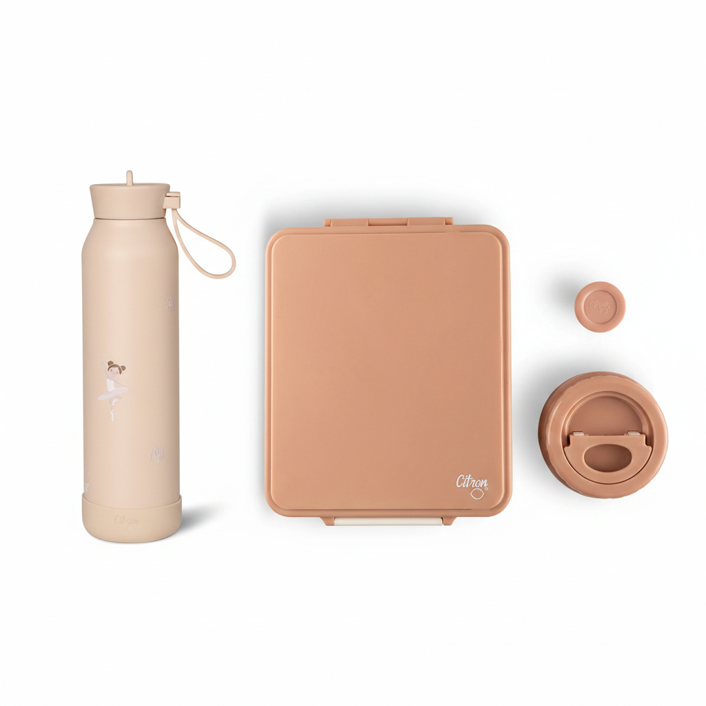 Set Citron Balerină Duo: Caserolă Prânz Mare cu 4 Compartimente + Termos Inox și Sticlă Termos 350ml