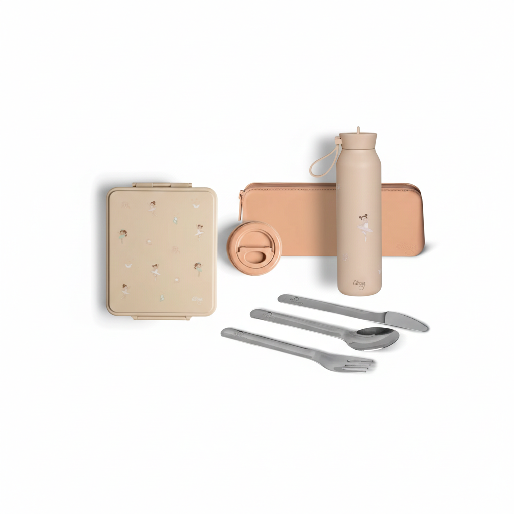 Set Citron Balerină: Caserolă Prânz Mare cu 4 Compartimente + Termos Inox, Sticlă Termos 350ml și Set Tacâmuri cu Etui Silicon