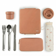 Set Complet Prânz și Hidratare ifamily: Caserolă Citron cu Termos, Set Tacâmuri Inox și Sticlă Termos 500ml Cireșe – Design Roz & Siguranță Certificată LFGB