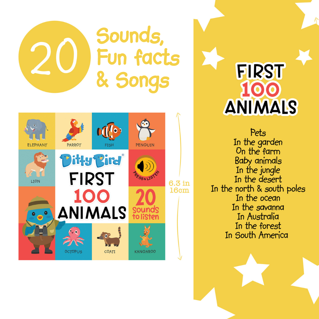 Carte pentru copii, Ditty Bird, First 100 Animals, 6+ luni