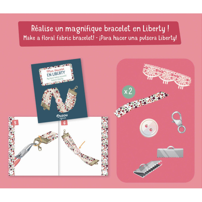 Set creativ de confectionat bijuterii, Auzou, My floral fabric bracelet, 7 ani+