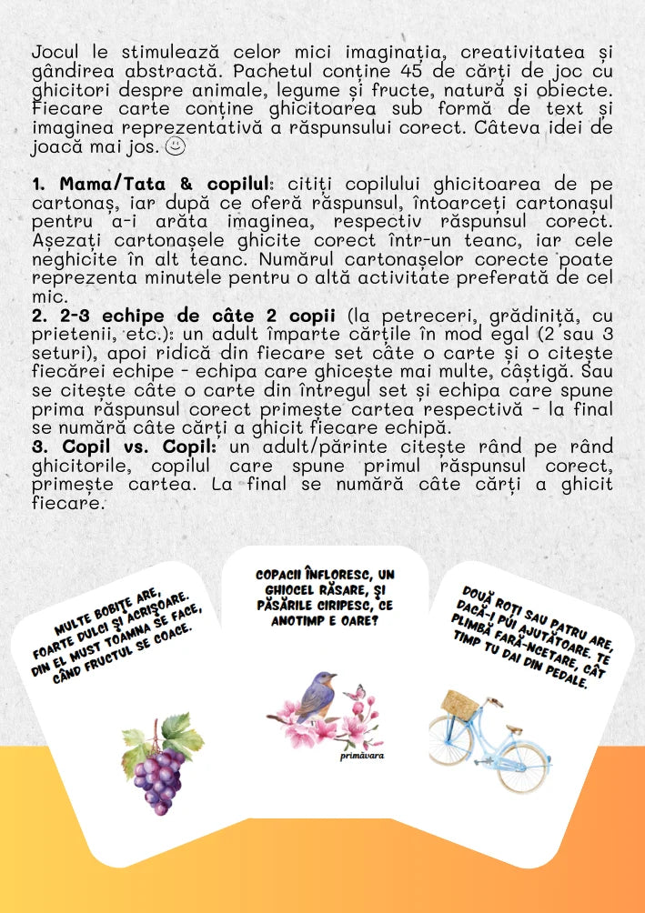Saculetul cu jocuri - Ghicitori, 45 de cartonase distractive si educative, 3 + ani, Funlandia