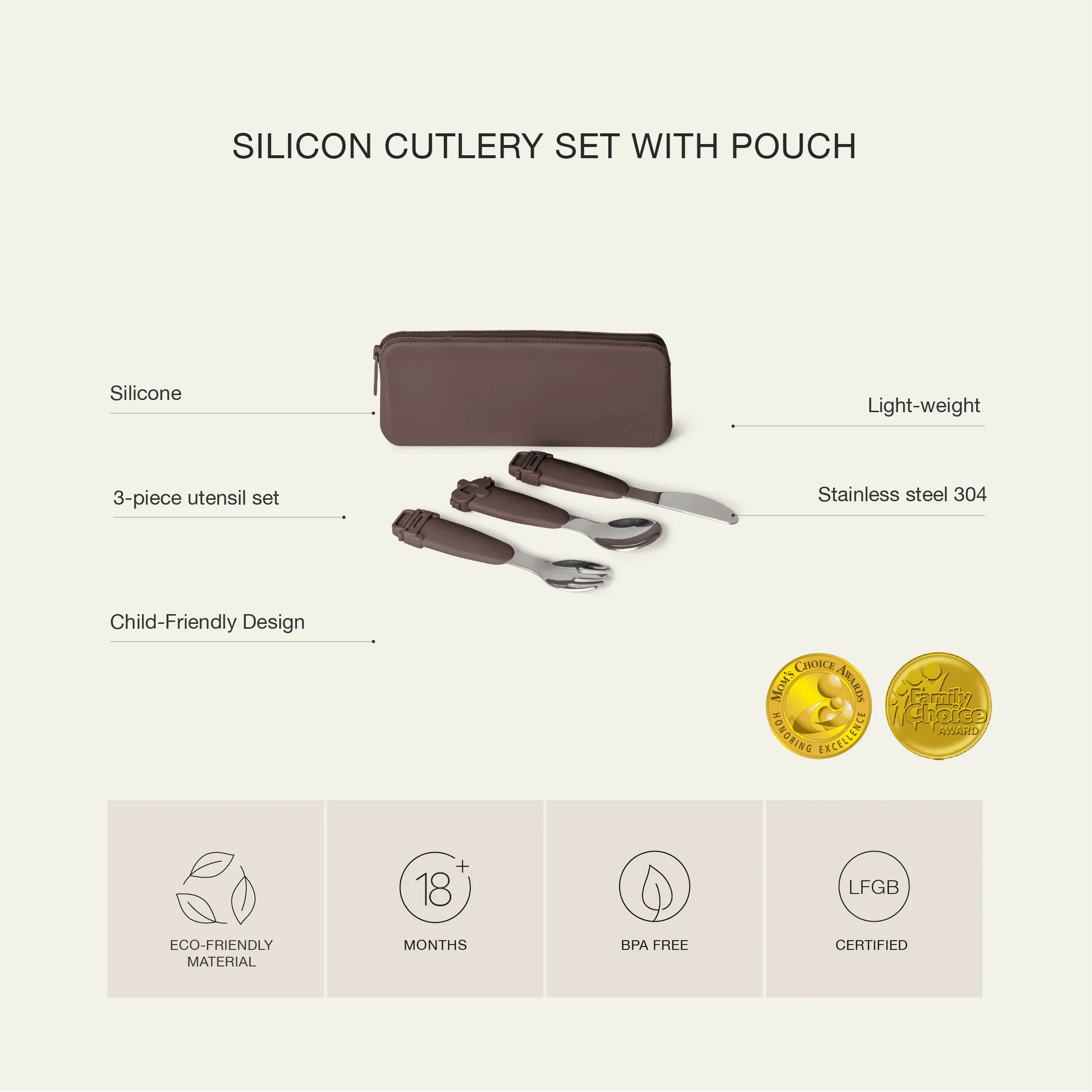 Set tacamuri din otel cu geanta portabila din silicon, caramel, model Tigru