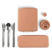Set Duo Prânz ifamily: Caserolă Mare Citron (4 Compartimente + Termos) și Set Tacâmuri Inox cu Husă Silicon Roz